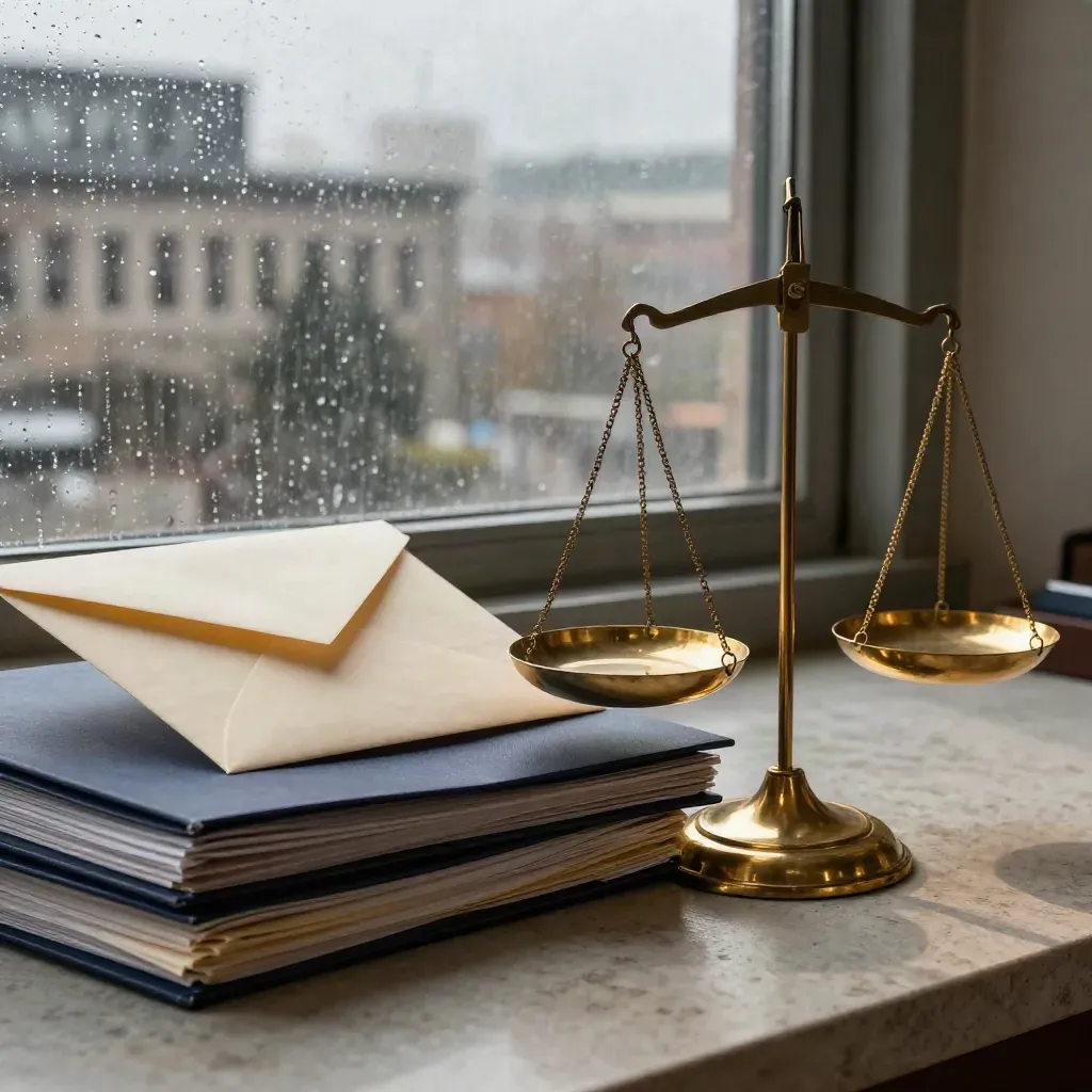 Brass legal scales, navy folders and a cream envelope by a rain-streaked courthouse window.