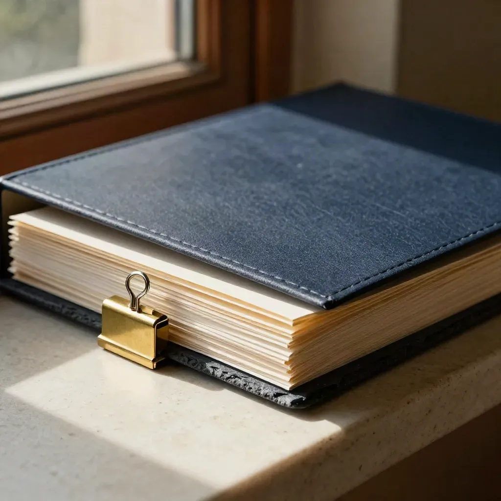 Navy legal folder, folded page corner and brass weight on a limestone ledge in warm window light