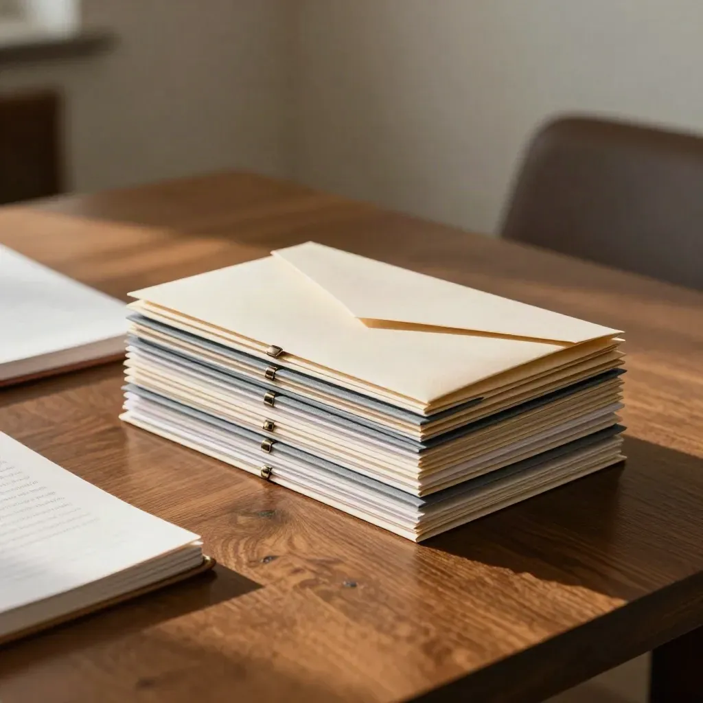 Legal meeting table with envelopes, notebook, and file dividers in warm daylight