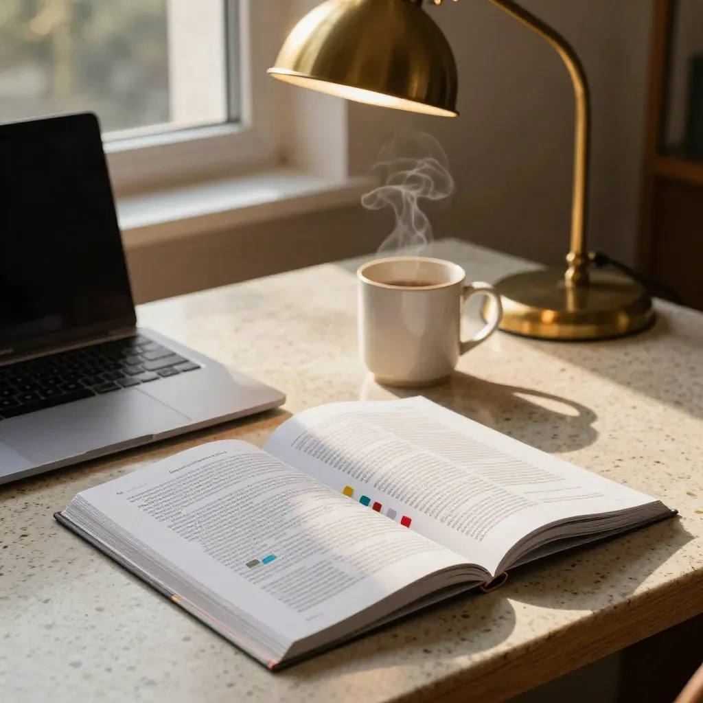Travertine desk with laptop, review file, steaming mug and brass lamp in warm late light.