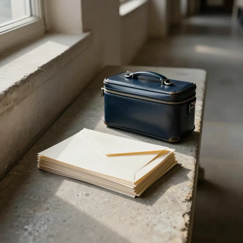 Court papers, sealed envelope, and compact case on a stone hallway bench by a window.