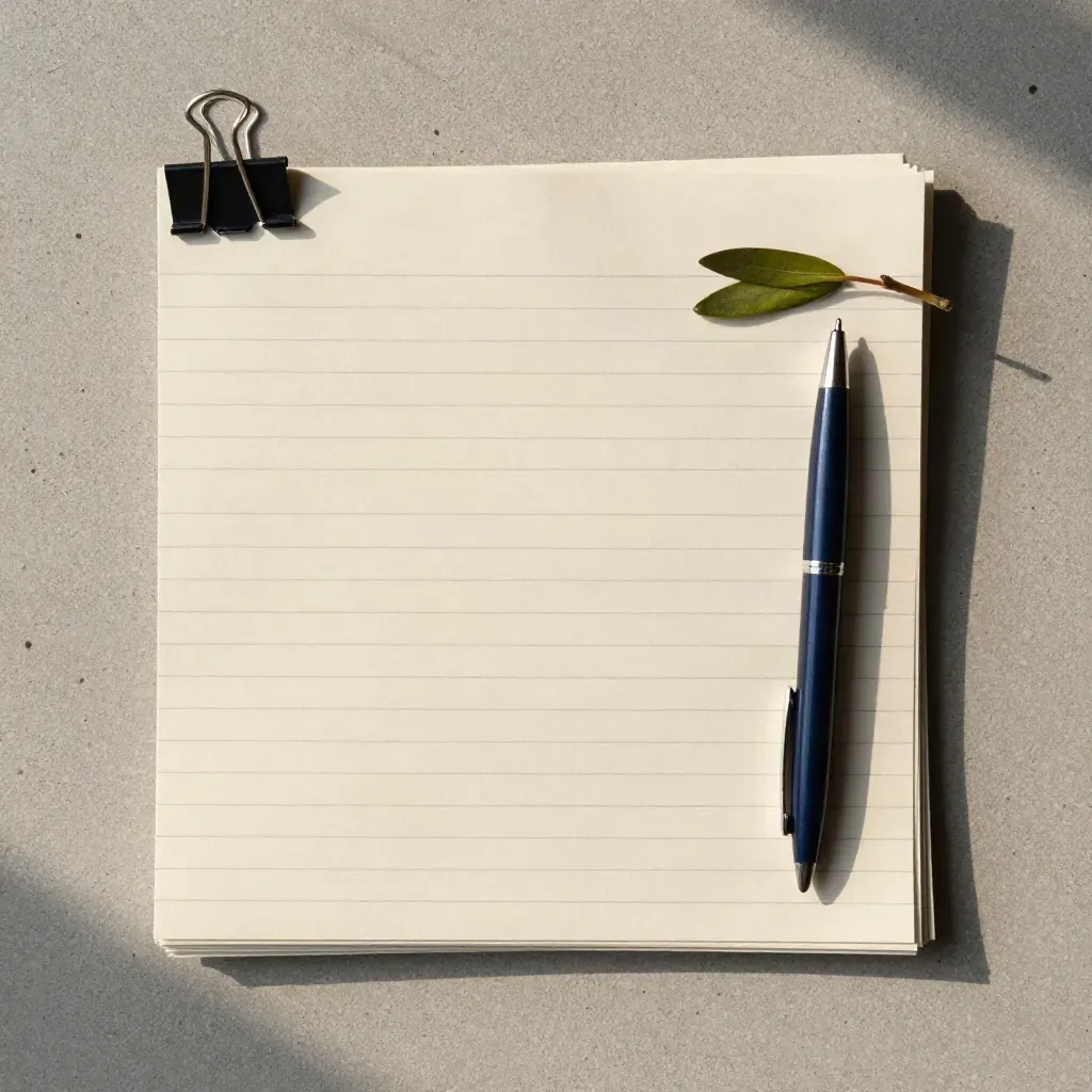 Overhead legal review stack on concrete with binder clip, navy pen and olive sprig.